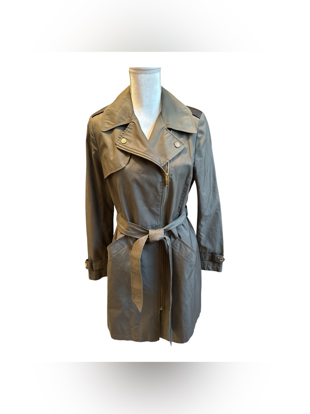 Via Spiga Asymmetrical Zip Trench Coat in Olive Green- Medium #100